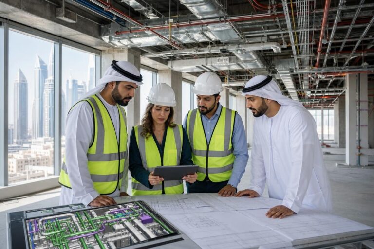 Engineers reviewing coordinated HVAC, electrical and plumbing services on a commercial construction project in the UAE.